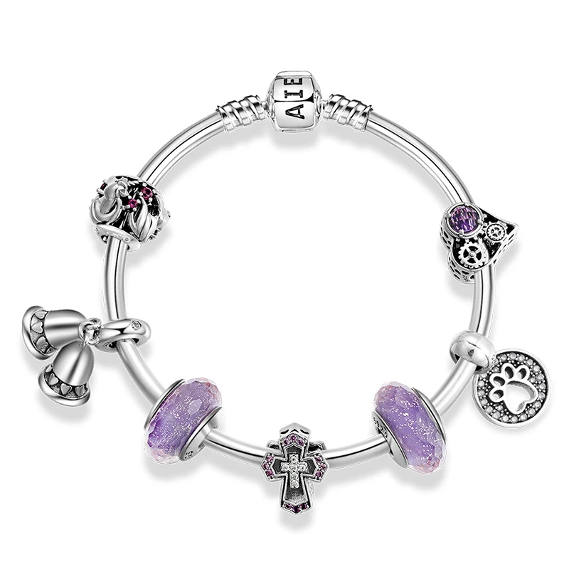 Браслеты из стерлингового серебра 925 пробы с фиолетовыми стеклянными бусинами