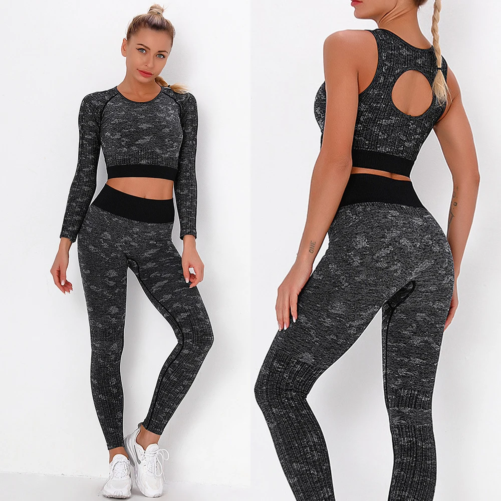 

2/3PCS Women Yoga Sets Female Sport Camouflage Gym Suits Running Clothes Long Sleeve Top Yoga Clothing Fitness Leggings Gym Set