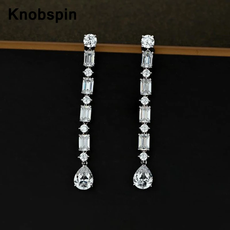 

Knobspin 100% 925 Sterling Silver 5A Zircon Pear Pendant Long Tassel Earrings For Women Wedding Engagement Party Fine Jewelry