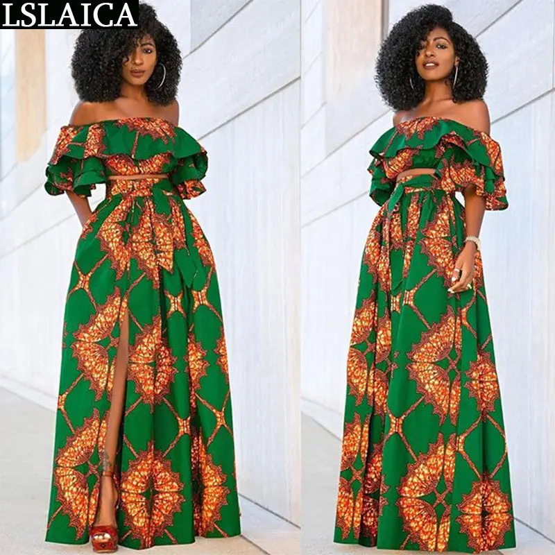 

2 piece set women short tops slash neck&long skirt print 2 piece set women fashion elegant party 2 piece outfits for women