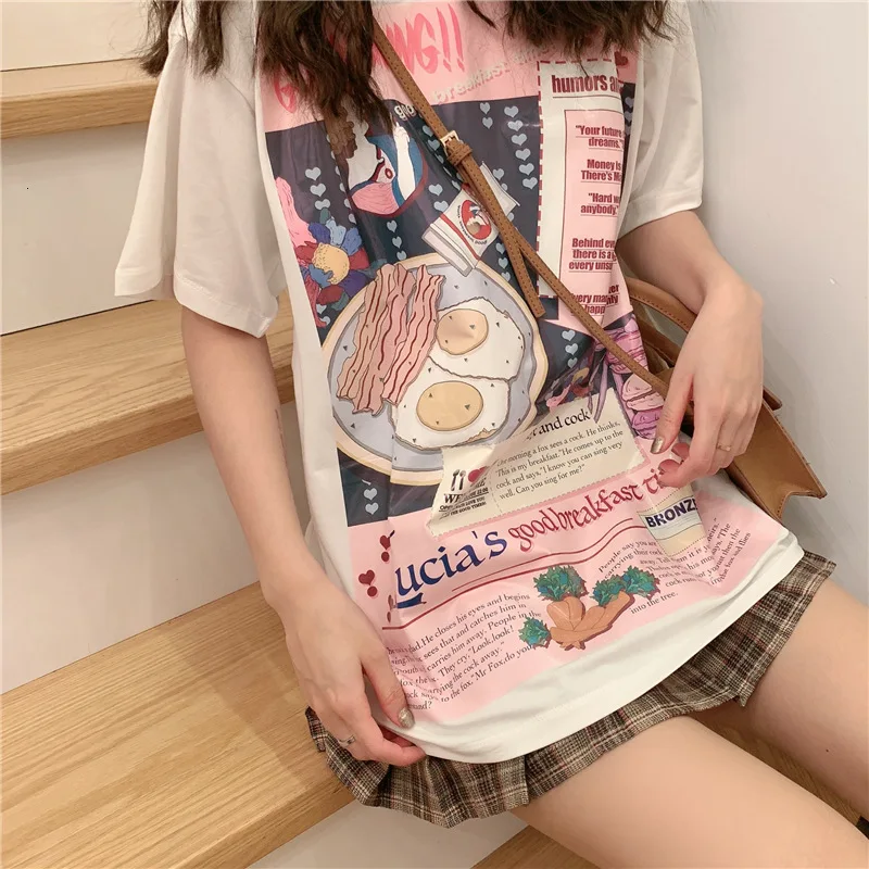 Корейская женская новая летняя футболка Kawaii с коротким рукавом и круглым вырезом, принт с изображением завтрака, модные футболки, повседневные свободные женские топы, футболки