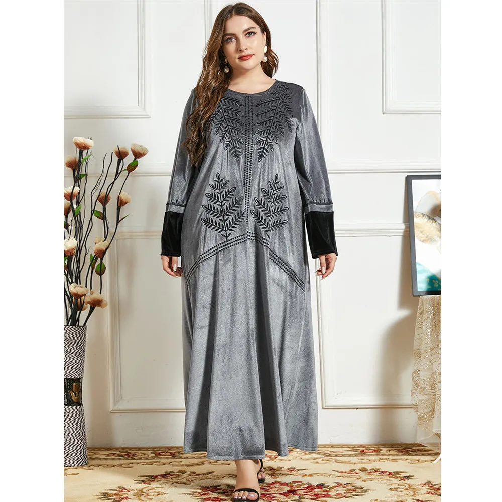 

Женское платье, этническое бархатное длинное платье с вышивкой и круглым вырезом, женская одежда, Восточный Дубайский кафтан