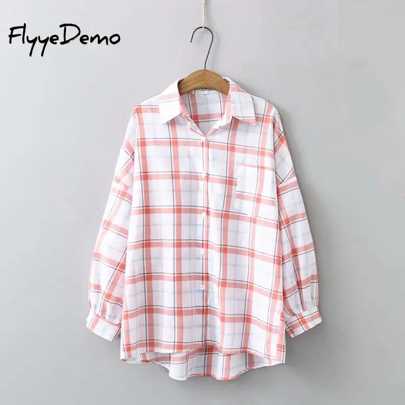 Размера плюс 2020 Сезон весна-осень Топы в клетку рубашки женские блузки рубашка