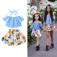new fashion childrens girls clothes strapless trumpet sleeves denim t shirt tops skirts 2 sets of childrens beach clothing
