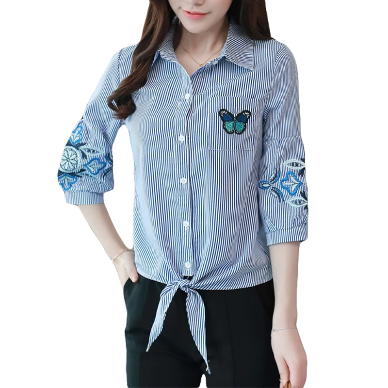 

Ladies Shirts Embroidery Women Blouse Shirt 2020 New Casual Top striped Turn Down Collar Long Sleeve Chiffon Flower Tops 552B
