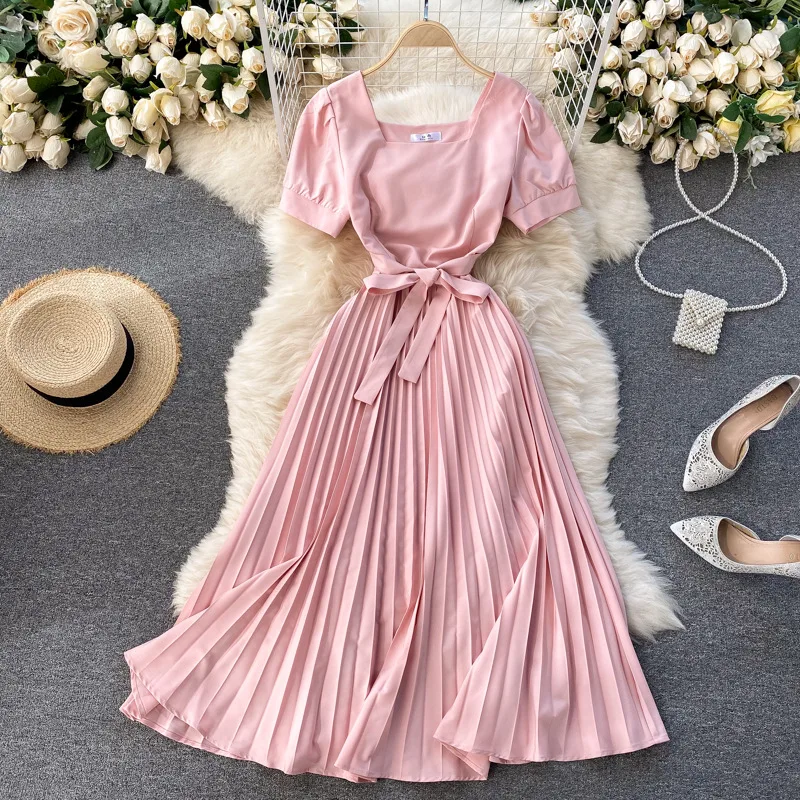 

Ladies 2021 New Spring Summer Temperament Square Collar Dress Solid Bandage High Waist Short Sleeve Chic Female Dress