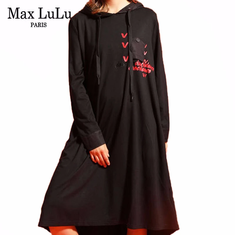 Max LuLu корейская модная одежда в стиле панк женские длинные платья с капюшоном женские винтажные платья с принтом повседневные негабаритные уличные платья