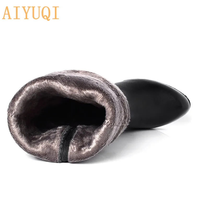 black fluff AIYUQI; Новинка года; Зимние Сапоги выше колена; женская обувь; женские кожаные сапоги до бедра; пикантные женские сапоги на высоком каблуке - Цвет: black fluff