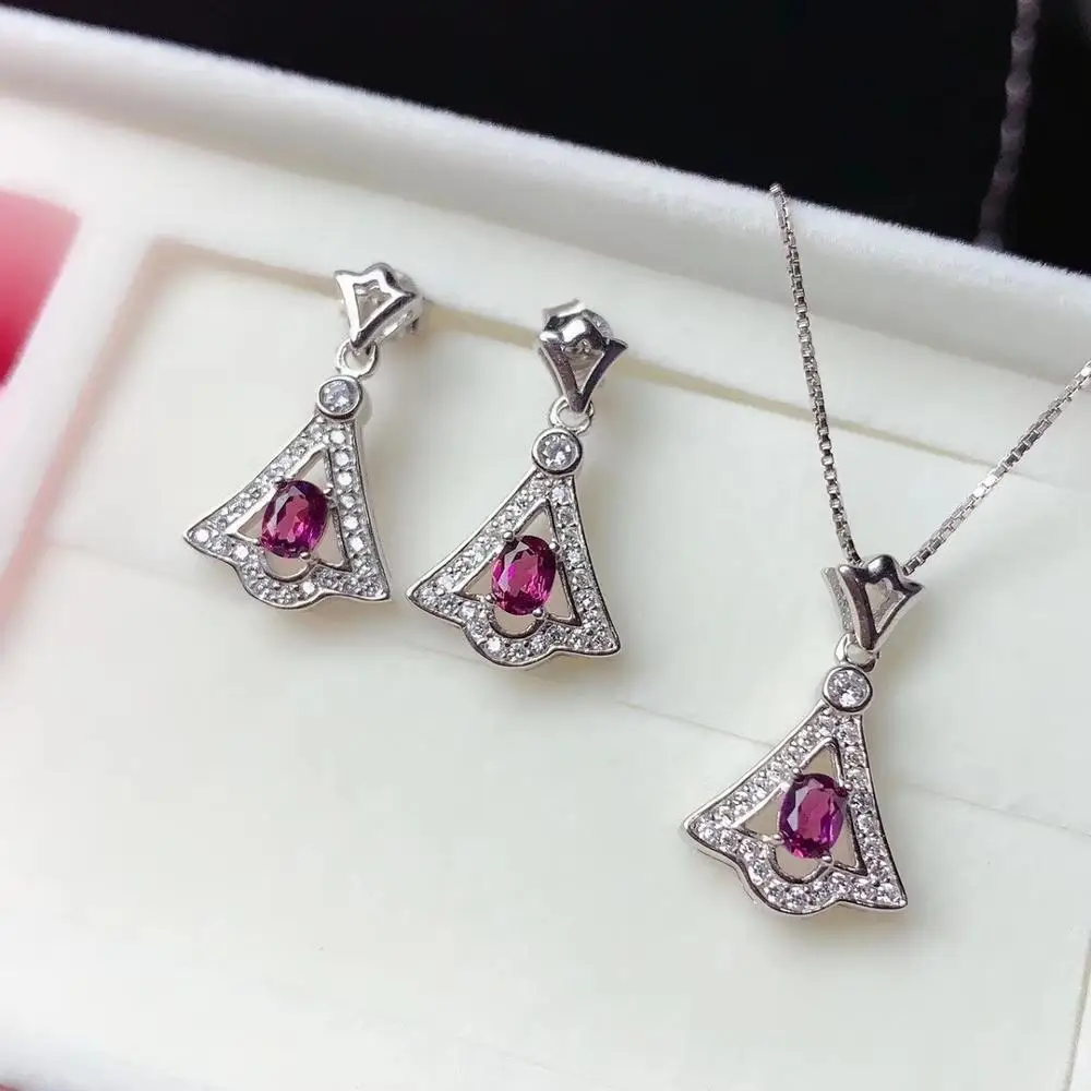 

Mozambique garnet stud earrings and necklace jewelry set 925 sterling silver shinning natural gem lucky birthstone party gift