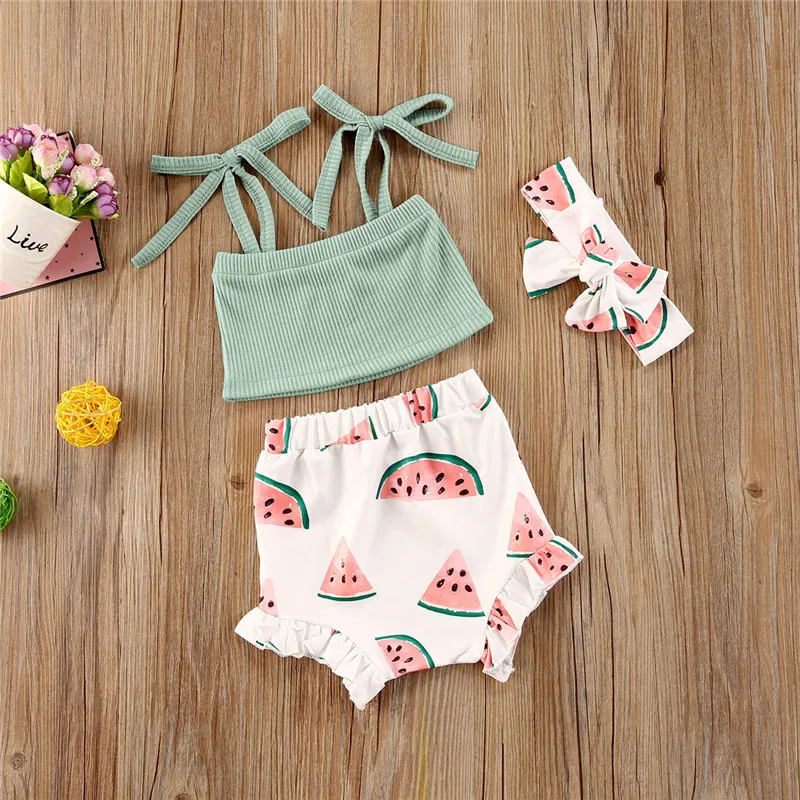 

2020 Newest Hot Baby Summer Clothes 0-24M Newborn Baby Girls Sling Ribbed T-shirt Crops Tops Watermelon Shorts Cotton Outfits