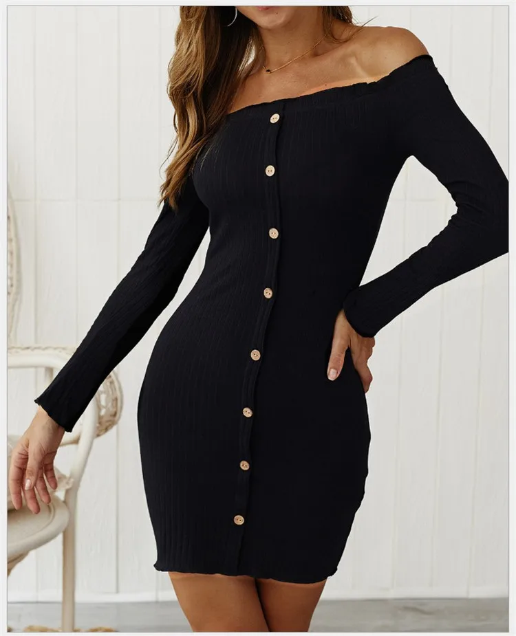 

Women's Cotton Sunken Stripe Sexy off-Shoulder Hip Dress