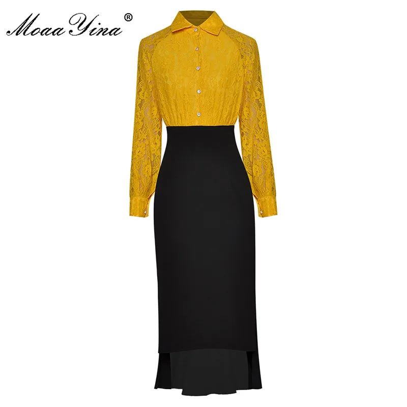 

MoaaYina New 2021 Fashion Runway Summer Dresses Women Lace Long sleeve Patchwork High waist Slim Ladies Asymmetrical Midi Dress