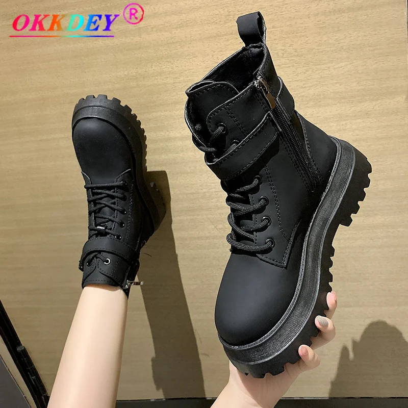 

Martin Boots Women's Autumn/winter 2021 New Style PU Round Head Comfortable Middle Root Strap Women's Motorcycle Platform Boots