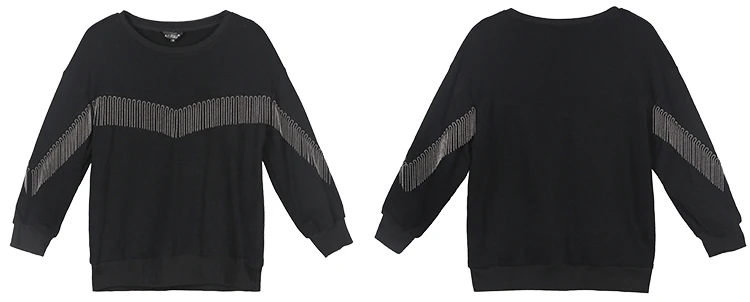 L~ 4XL 5XL Beadings Tassel Women Cotton Sweatshirt Black Long Batwing Sleeve Tee Shirt Big Size Ovesize Casual Tops AOFULI A4074