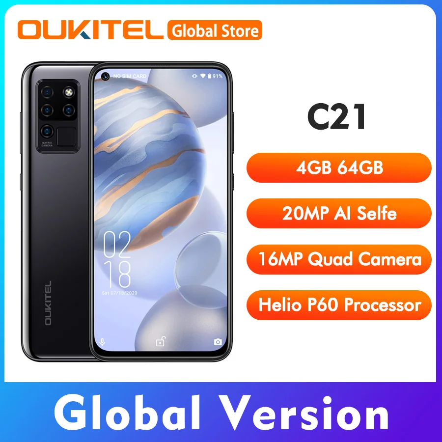 

OUKITEL C21 6.4" FHD+ 4GB 64GB Android 10.0 Helio P60 Octa Core Smartphone 1080*2310 4000mAh 16MP Quad Camera 4G Mobile