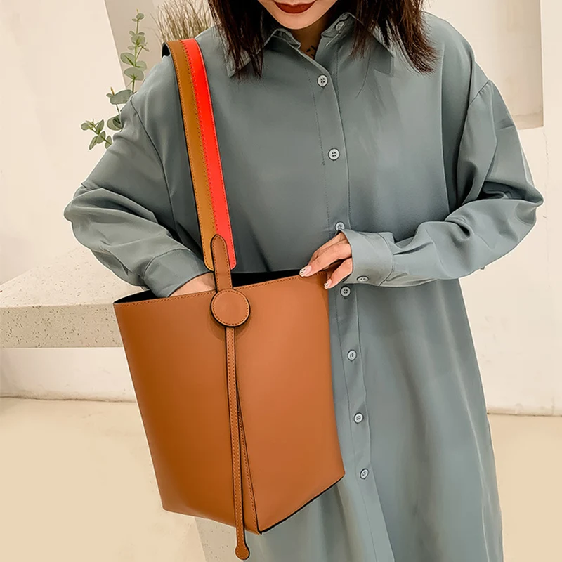 

Вместительная сумка-ведро из искусственной кожи для женщин, простая модная коричневая дамская сумочка-тоут, повседневные мессенджеры