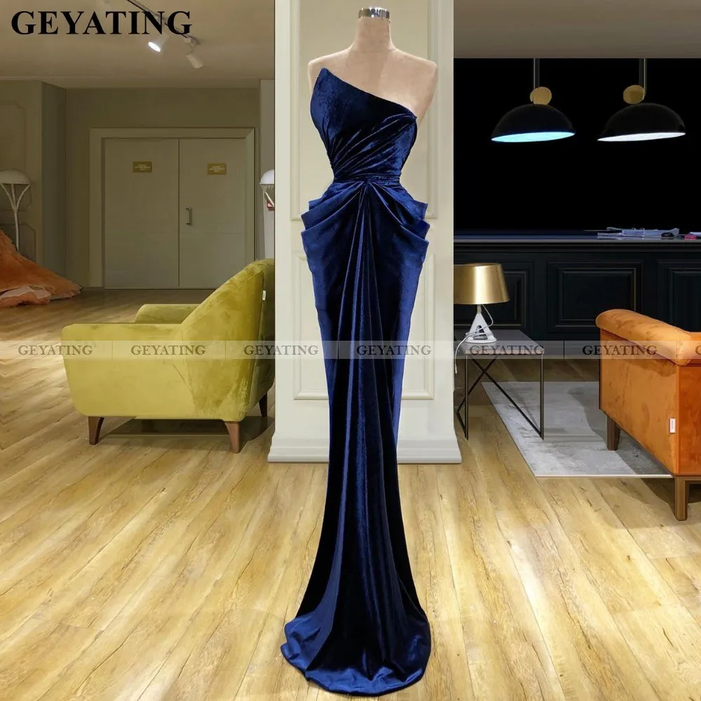 Женское бархатное вечернее платье кафтан элегантное темно синее длинное для