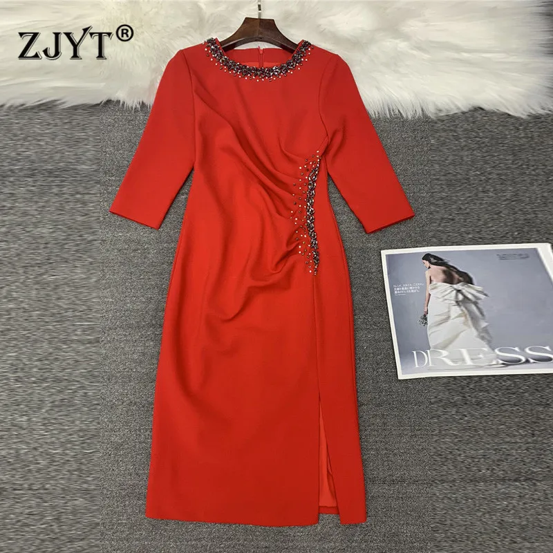

Spring Vestidos De Fiesta Elegant Women's Three Quarter Sleeve Diamonds Bead New Year's Eve Party Dress Christmas Robe Femme Red
