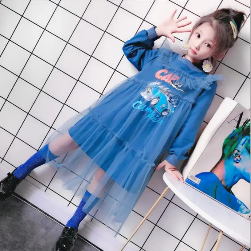 

2020 spring new korean style girls ruffles patchwork dress fashion print mesh cotton dress children princess dresses 4-14y 1449