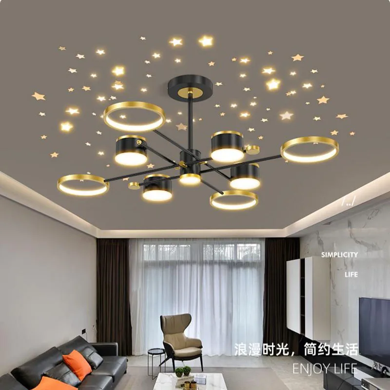 

Nordic Starry Sky Simple Chandelier Metal Black Led Indoor Lighting Living Room Bedroom Study Room Hotel Pendant Lights 220V