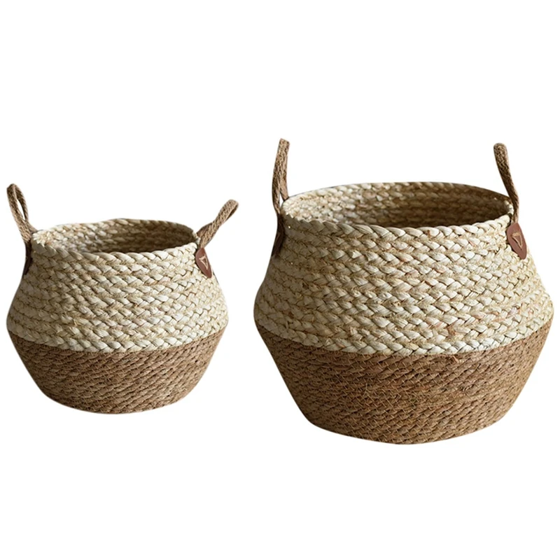 

HOT 2x Foldable Natural Seaweed Weaving Flower Pot Seagrass Wicker Basket Flower Plant Home Decor, S & L
