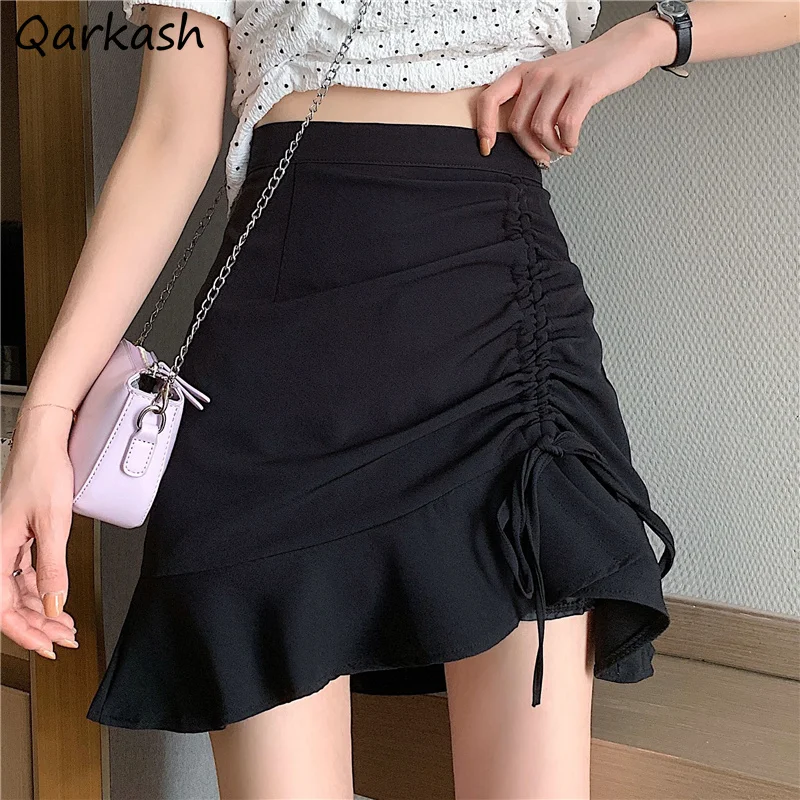 

Юбка женская ассиметричная плиссированная на шнуровке, однотонная шикарная Повседневная мини-юбка в Корейском стиле, модные Пикантные мин...