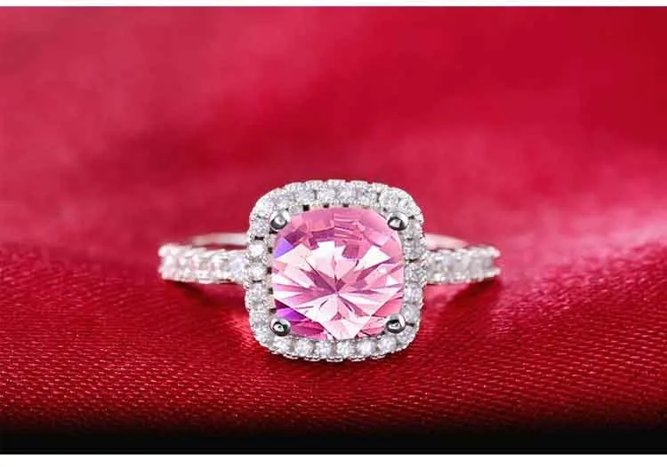

925 Sterling Silver cushion cut zircon Jewelry set Engagement ring stud earring for women gift size 11,12,13 J1099-pink