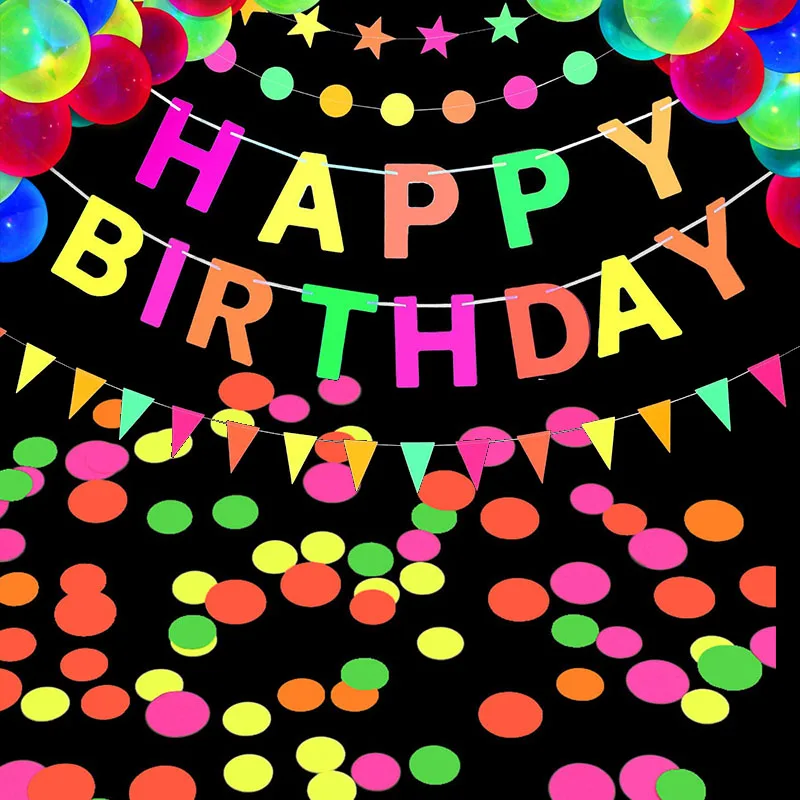 

Neon Happy Birthday Banner Glow Party Paper Confetti Pennant Star Hanging Glow-in-The-Dark Birthday Party 80S Party Supplies