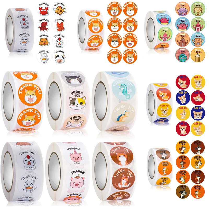 

100-500pcs New Cartoon Animals Thank You Lables For Child Party Gift Greeting Cards Sealing Reward Toys Party Favor Stationery