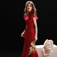 toast the bride 2021 new winter chinese red cheongsam wedding evening dress dress female slim fish tail long plus size women