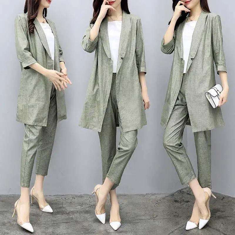 

Casual Solid Women Pant Suits Notched Collar Cotton Linen Blazer Jacket & Pencil Pant Female Suit Autumn Office Wear Women Suits