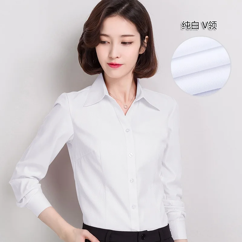 

Women's office blouse blue, white and black, top with v-neck and long sleeve, plus size blouse 4XL, 2019