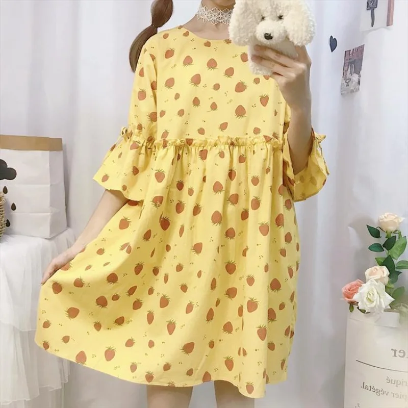 

HOUZHOU Strawberry Dress Summer Kawaii Sweet Short Dress Lolita Preppy Style Cute Girl Loose Print 2021 Fashion Women