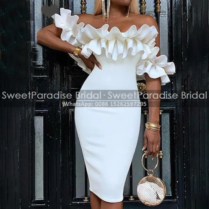 

White Sheath Robes De Cocktail Dresses With Wrinkles Off Shoulder Knee Length Short Club Dress Party Formal Gown