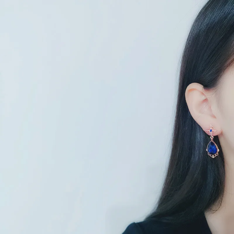 Модные женские висячие серьги с кристаллами в виде капли воды стиле ретро синими