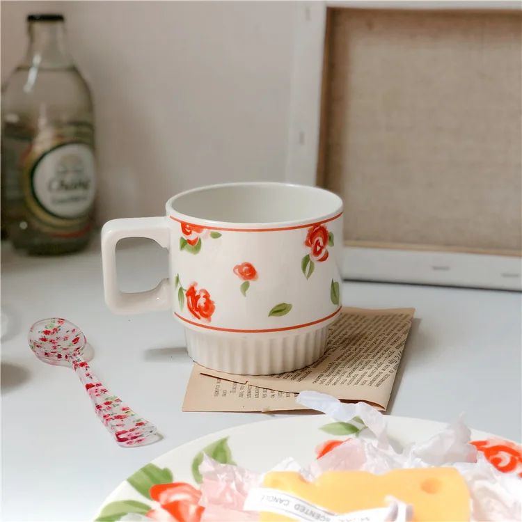 

Ins wind Vintage Rose Mug juice milk large volume water cup