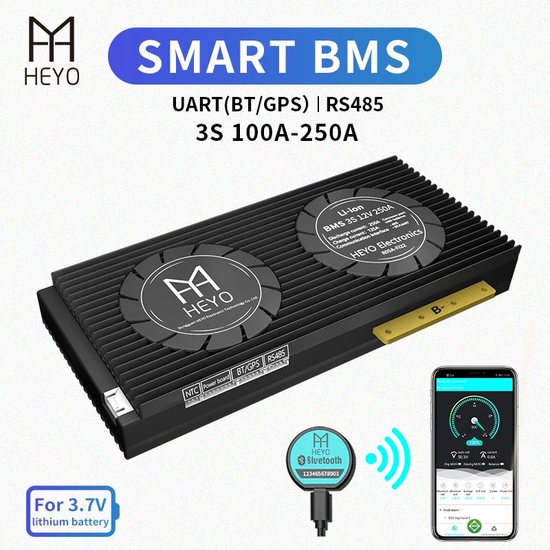 HEYO Smart BMS 3S 12V 100A 120A 150A 200A 250A Bluetooth BT GPS приложение UART RS485 программное обеспечение USB NTC