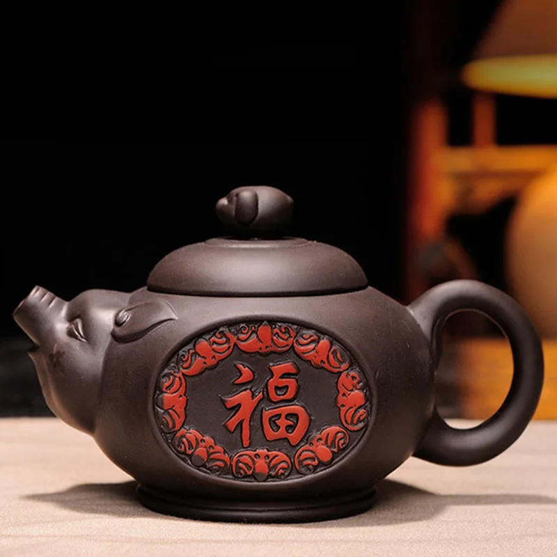 Чайный горшок ручной работы из фиолетовой глины благословение свинья кунг-фу