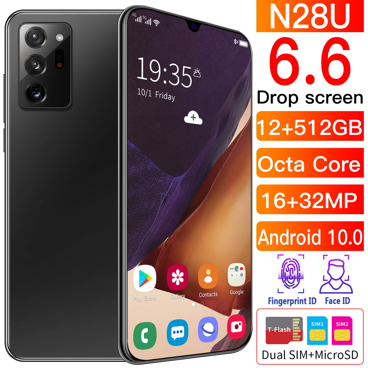 

Global N28U 6.6 Inch HD Smartphone 12 512GB 4800mAh 5G LTE Dual SIM Fingerprint Face Unlock 16MP 32MP Camera Android10 Cellphone