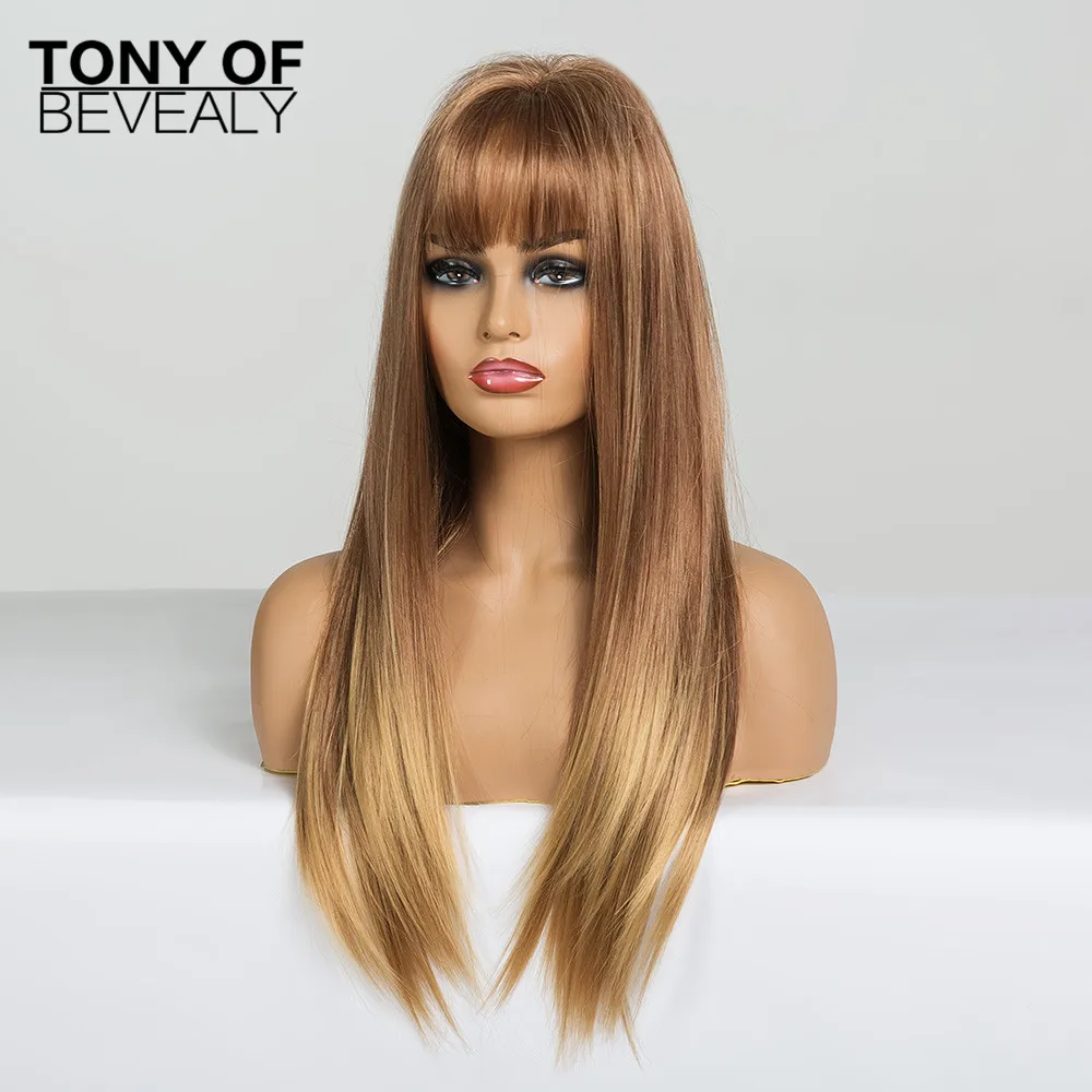Парики с длинными прямыми волосами от коричневого до светлого омбре челкой