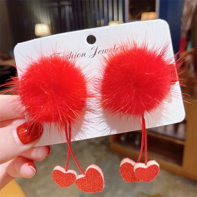 10pair/lot Chinese Style Plush Ball Tassel Hair Clips Star Heart Barrette Happy New Year Hairpin Handmade Accessories | Детская одежда