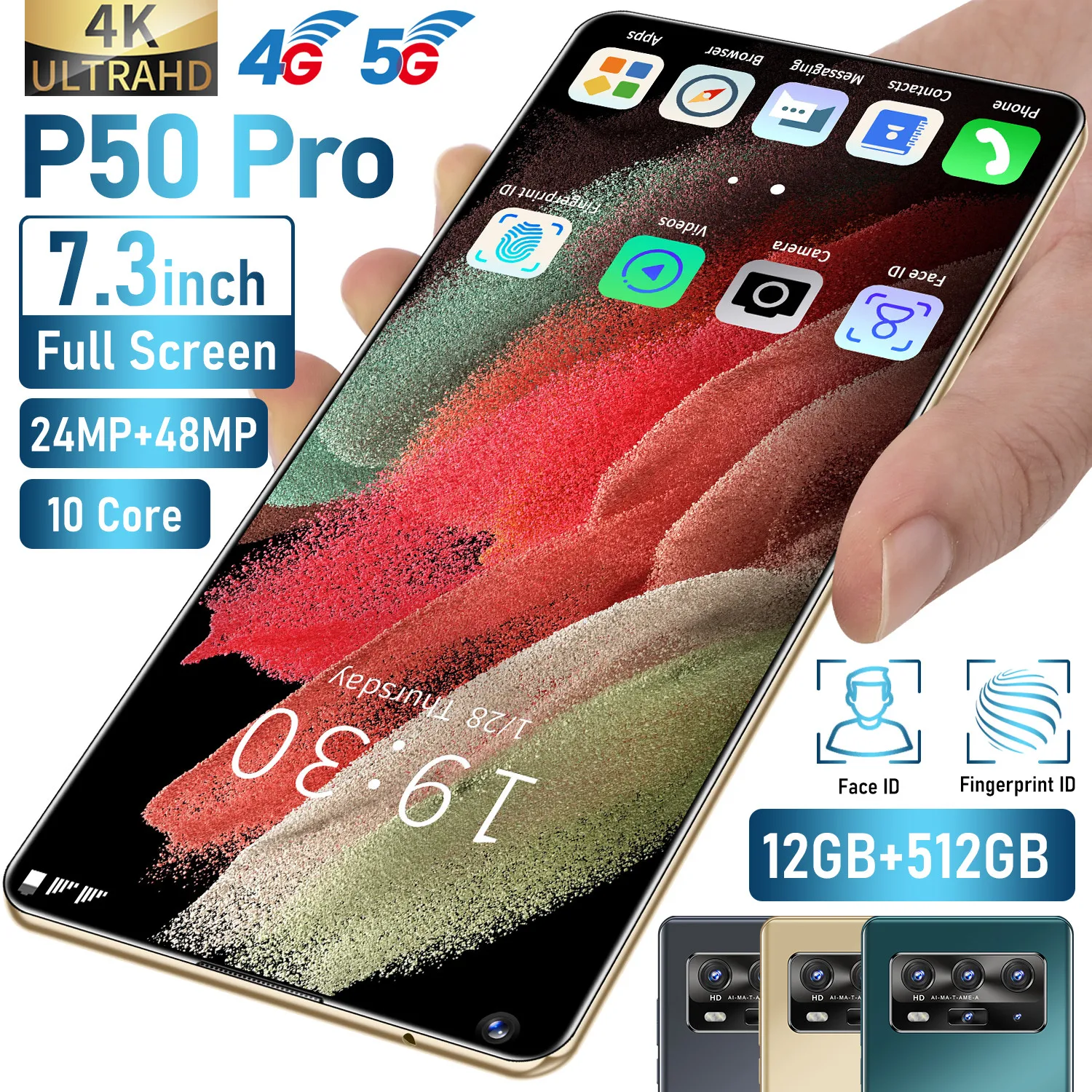 

2021 New P50 Pro 7.3inch Smartphone or Tablet Android 12+512G Dual SIM Moblie Phone Facial Unlocked Celulare