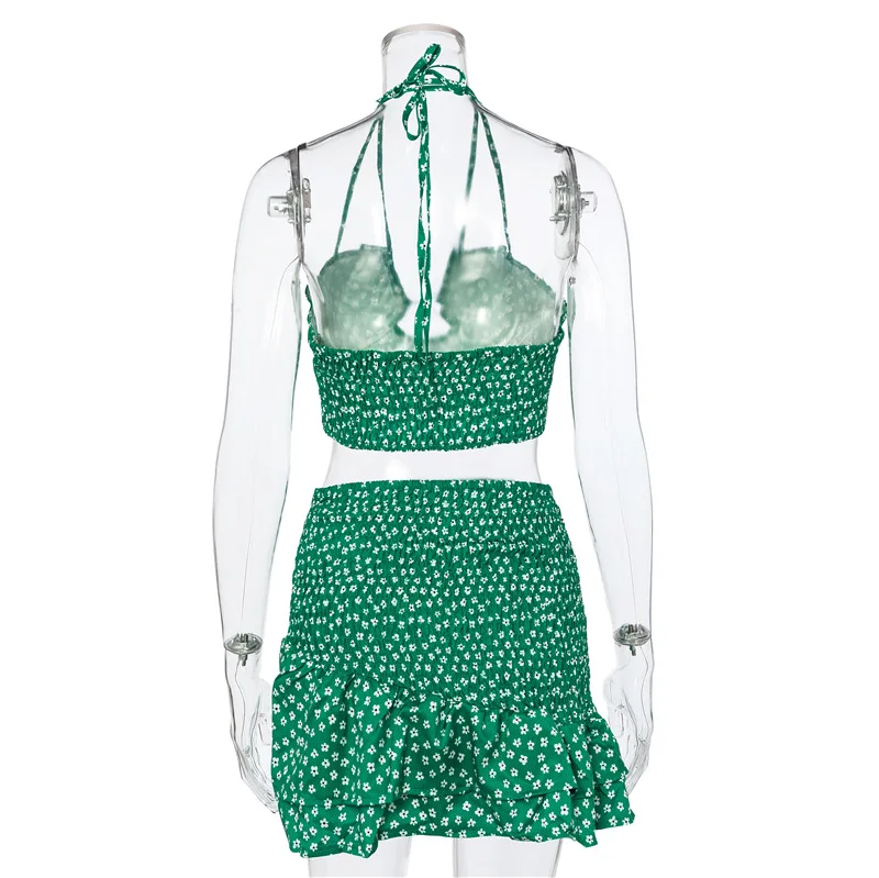 

Summer beach floral print skirt and top set Sexy backless halter strapless cropped top+mini skirt vacation outfits matching sets