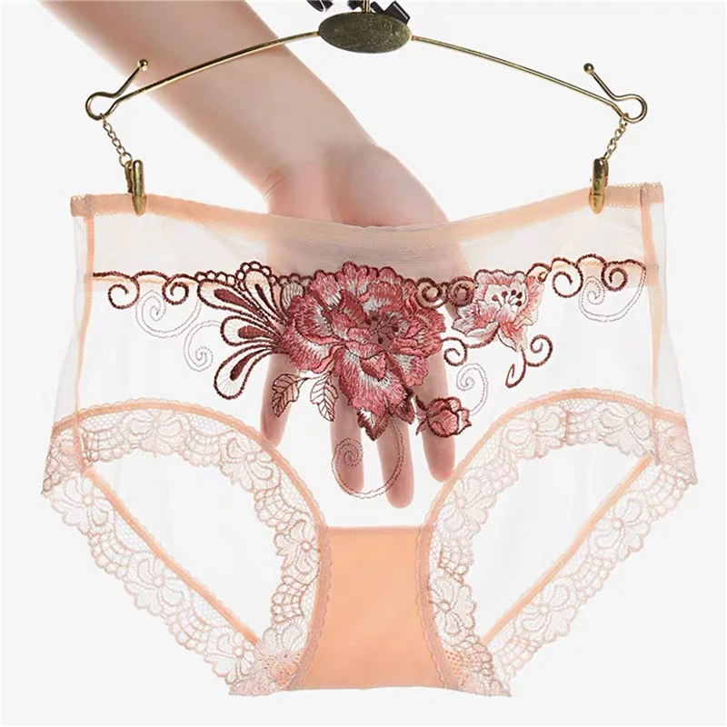 

Women Briefs Seamless Breathable Embroidery Peony Flower Mid Waist Mesh See Through Ladies Underwear Comfortable Underpanties