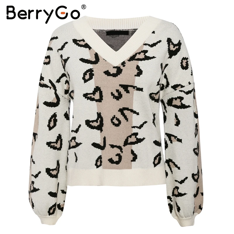 BerryGo Leopard print knitted sweater women Autumn winter female casual pullover V neck lantern sleeve streetwear ladies jumpers | Женская