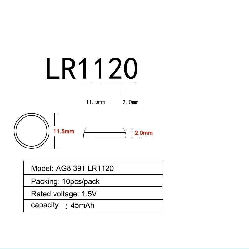 

500pcs=50Card 45mAh AG8 Alkaline 1.55V Button Battery LR1120 391 SR1120 191 LR55 LR1120W CX191 Coin Cell For Watch Toy Control