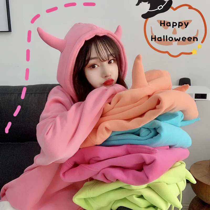 

ZOGAA 2021 Spring Devil Horn Hooded Sweatshirt Women Plus Velvet Warm Loose Harajuku Hoodies Friends Match Cute Pullover Tops