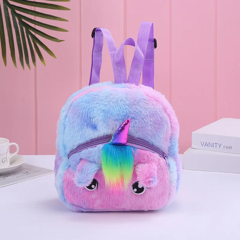 Girls Fluffy Unicorn Backpack Plush School Rucksack Zipper Shoulders Bags for Boys Girls Children Bags Kindergarten School Bag