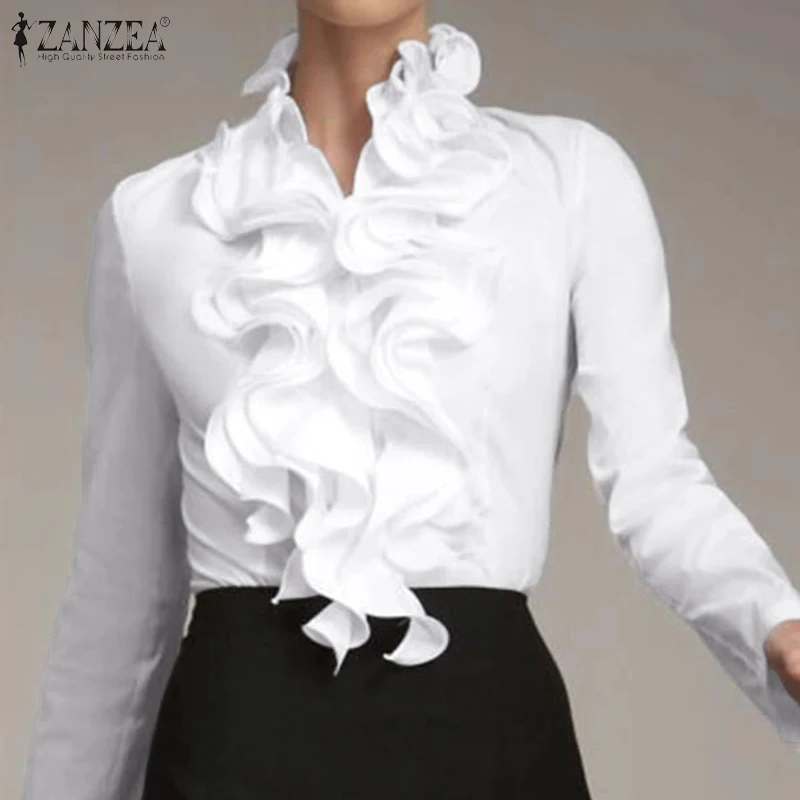 ZANZEA Office Women Blouse Ruffles Tops Casual Spring Long Sleeve White Blouses Elegant Flounce Blusa Female OL Work Shirt Chic7