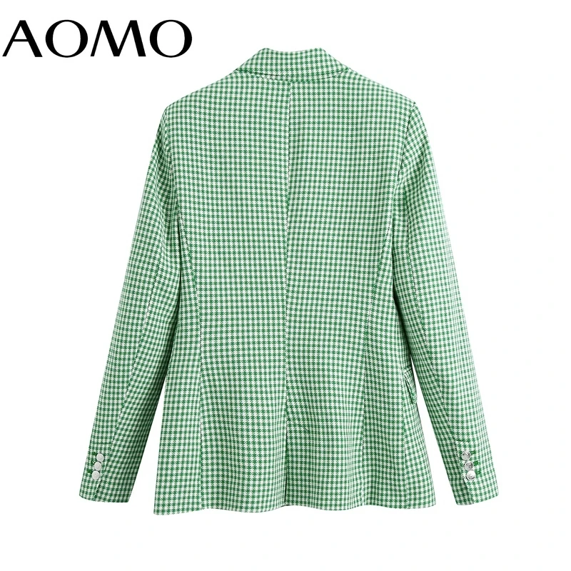 

AOMO Women 2021 Fashion Office Wear Green Plaid Tweed Double Breasted Blazer Coat Vintage Female Outerwear BE926A
